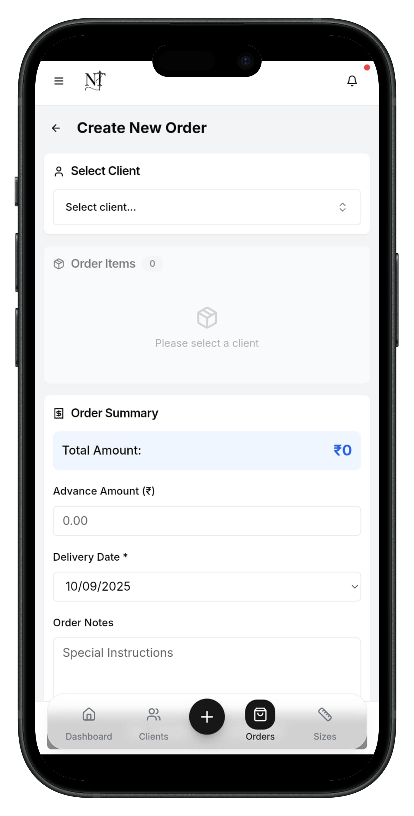 Tailoring order management screen